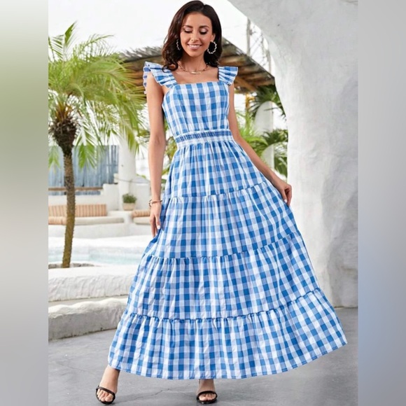 Blue Check, Frenchy, Gingham Ruffle Trim Dress - Picture 2 of 4